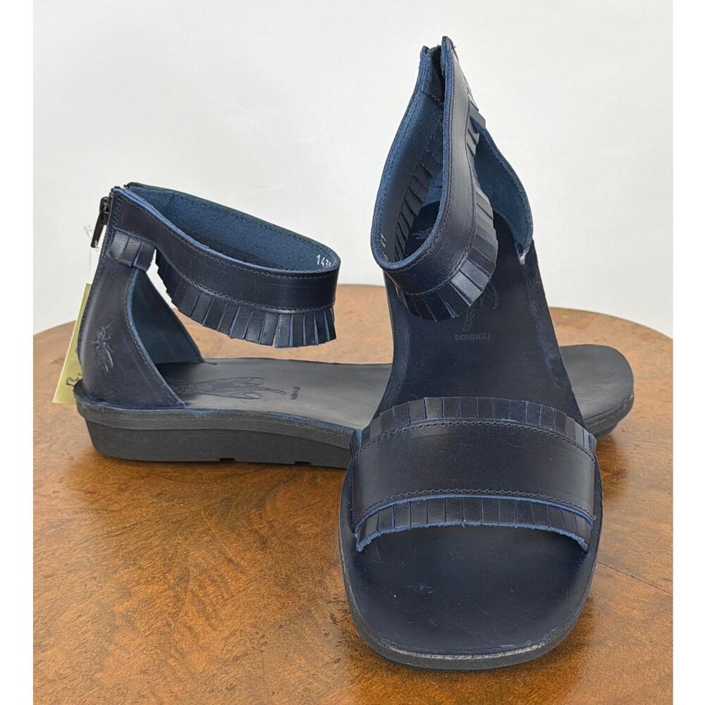 NWT Fly London Blue Zip Up Back Ankle Strap Fringe Sandal Size 10
